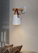 Modern Scandinavian Wood Conical Wall Sconce with Leather Strap Indoor Accent Light