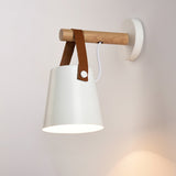 Modern Scandinavian Wood Conical Wall Sconce with Leather Strap Indoor Accent Light