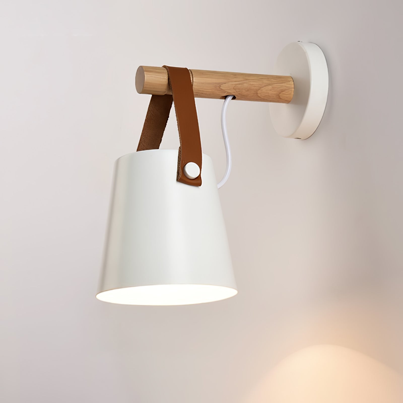Modern Scandinavian Wood Conical Wall Sconce with Leather Strap Indoor Accent Light