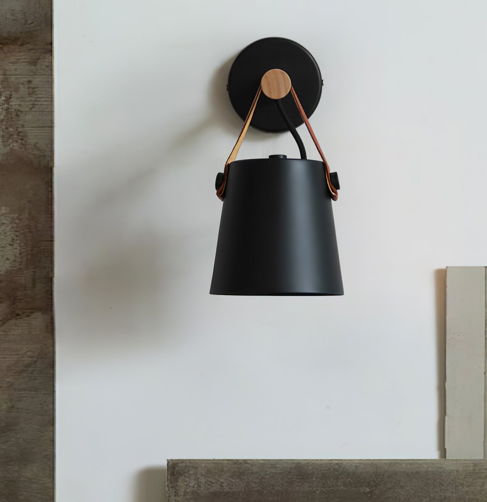 Modern Scandinavian Wood Conical Wall Sconce with Leather Strap Indoor Accent Light