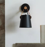Modern Scandinavian Wood Conical Wall Sconce with Leather Strap Indoor Accent Light