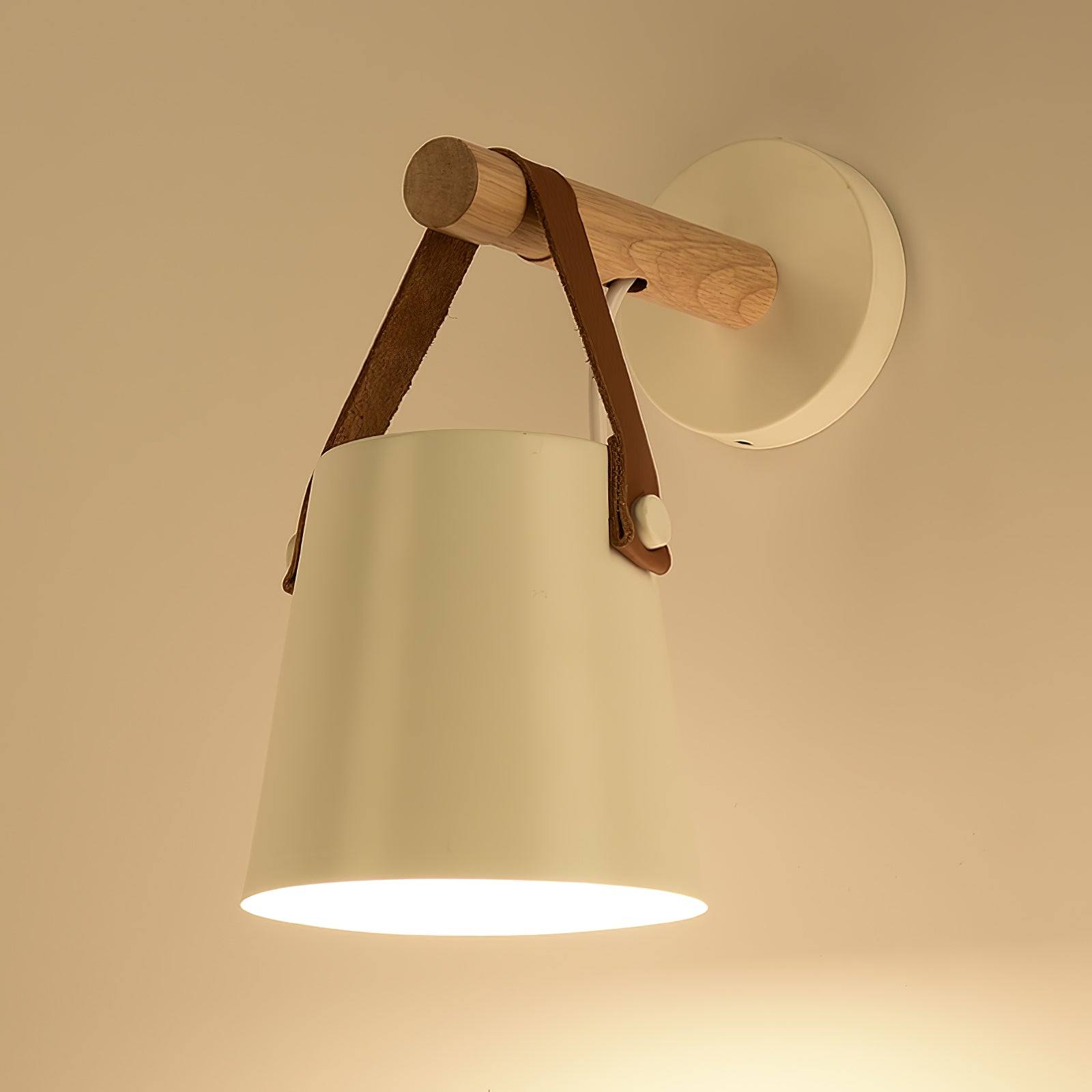 Modern Scandinavian Wood Conical Wall Sconce with Leather Strap Indoor Accent Light