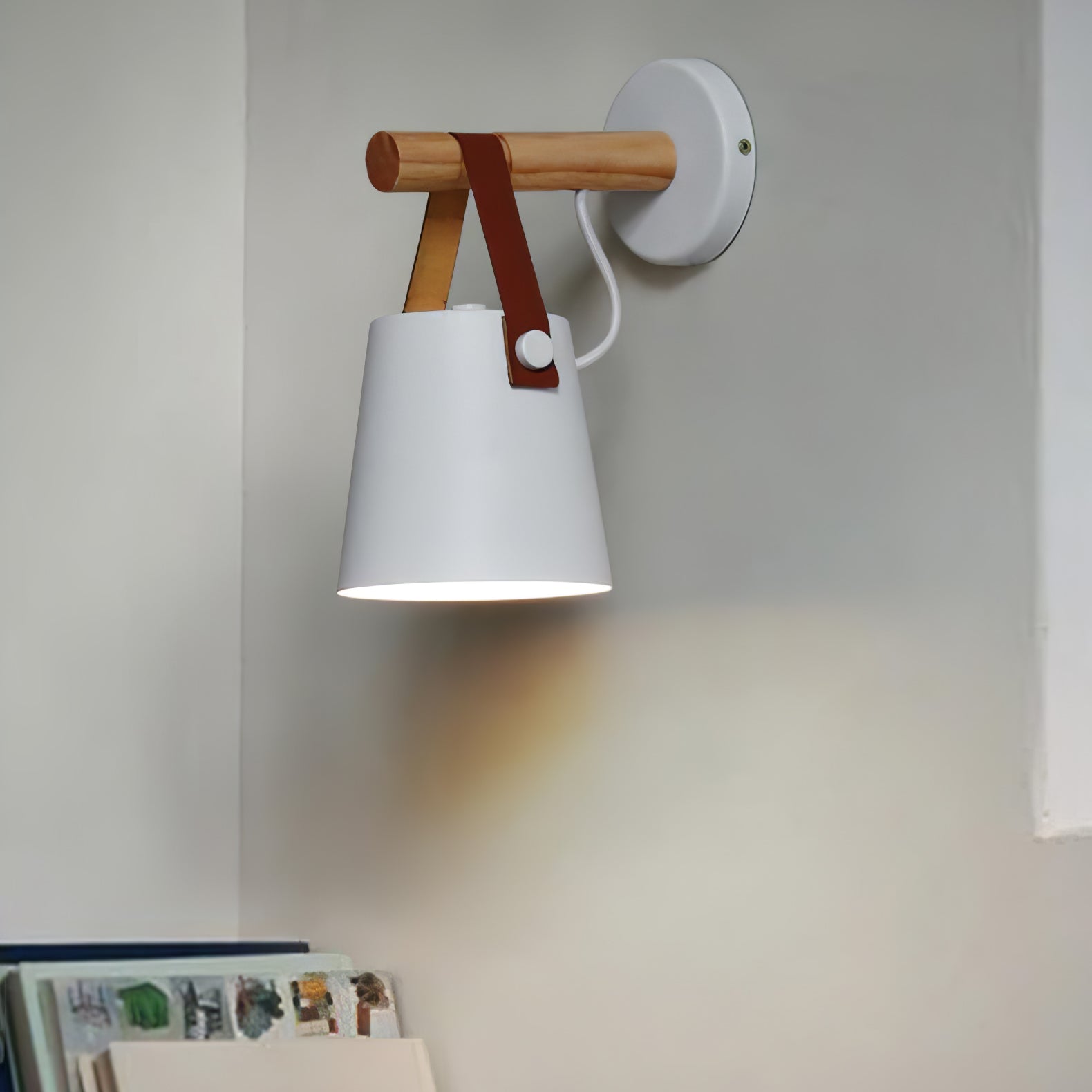 Modern Scandinavian Wood Conical Wall Sconce with Leather Strap Indoor Accent Light