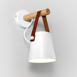 Modern Scandinavian Wood Conical Wall Sconce with Leather Strap Indoor Accent Light