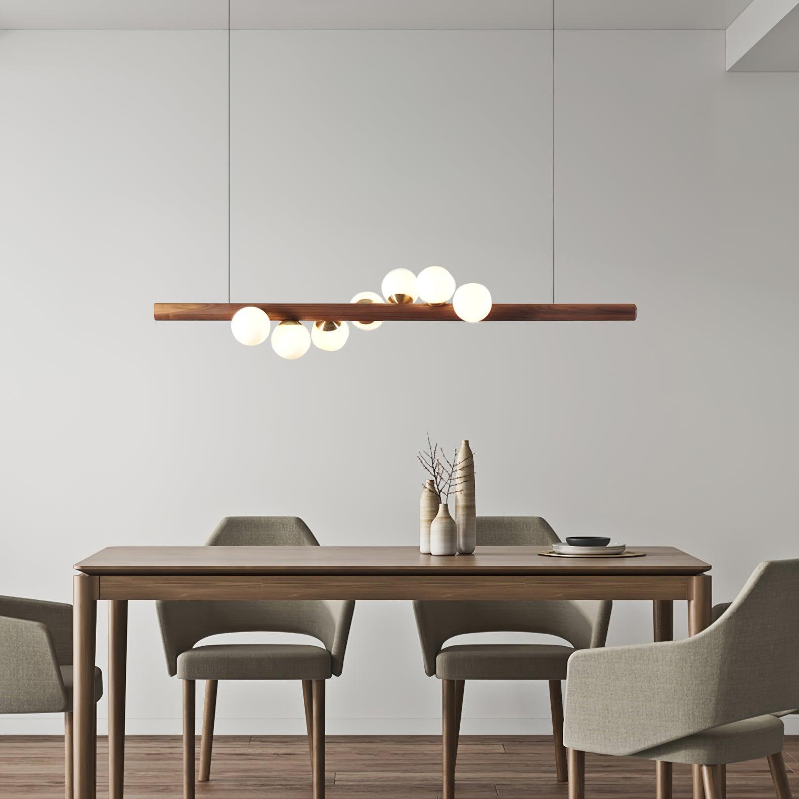 Modern Scandinavian Wood Linear Pendant Light with Glass Globe Shades