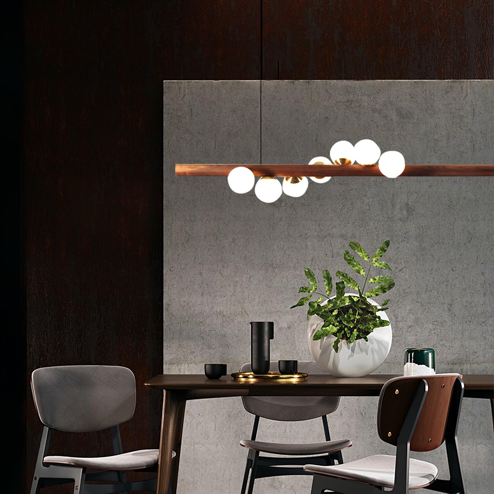 Modern Scandinavian Wood Linear Pendant Light with Glass Globe Shades