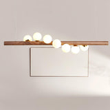 Modern Scandinavian Wood Linear Pendant Light with Glass Globe Shades