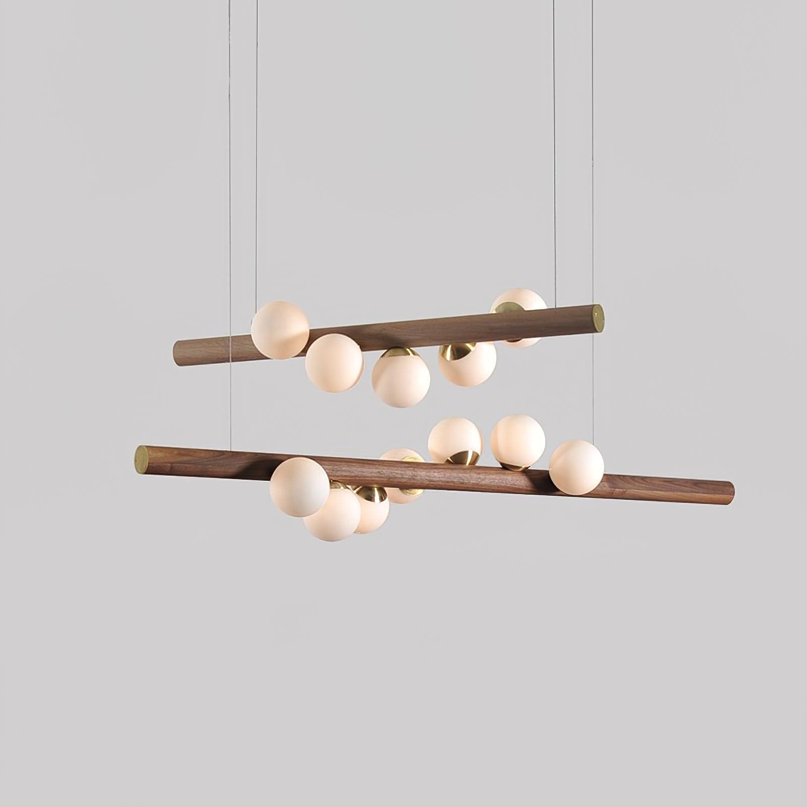 Modern Scandinavian Wood Linear Pendant Light with Glass Globe Shades