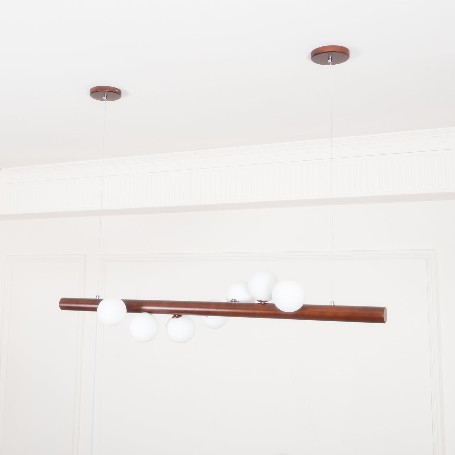 Modern Scandinavian Wood Linear Pendant Light with Glass Globe Shades