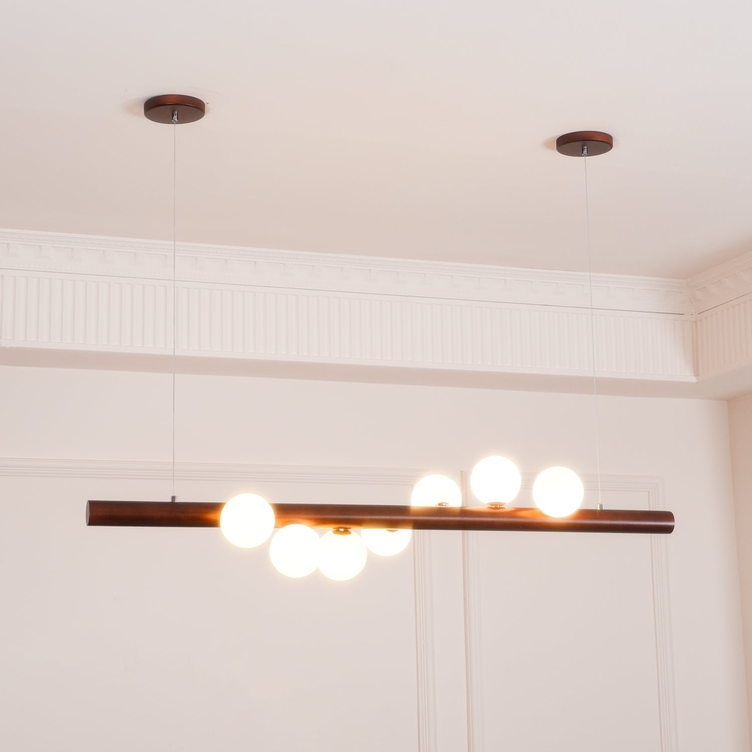 Modern Scandinavian Wood Linear Pendant Light with Glass Globe Shades