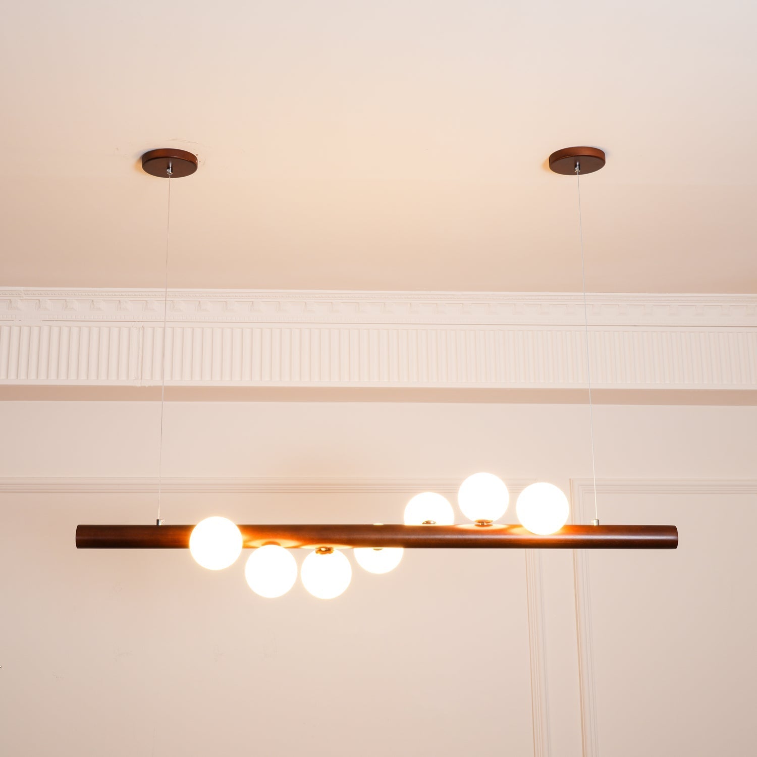 Modern Scandinavian Wood Linear Pendant Light with Glass Globe Shades