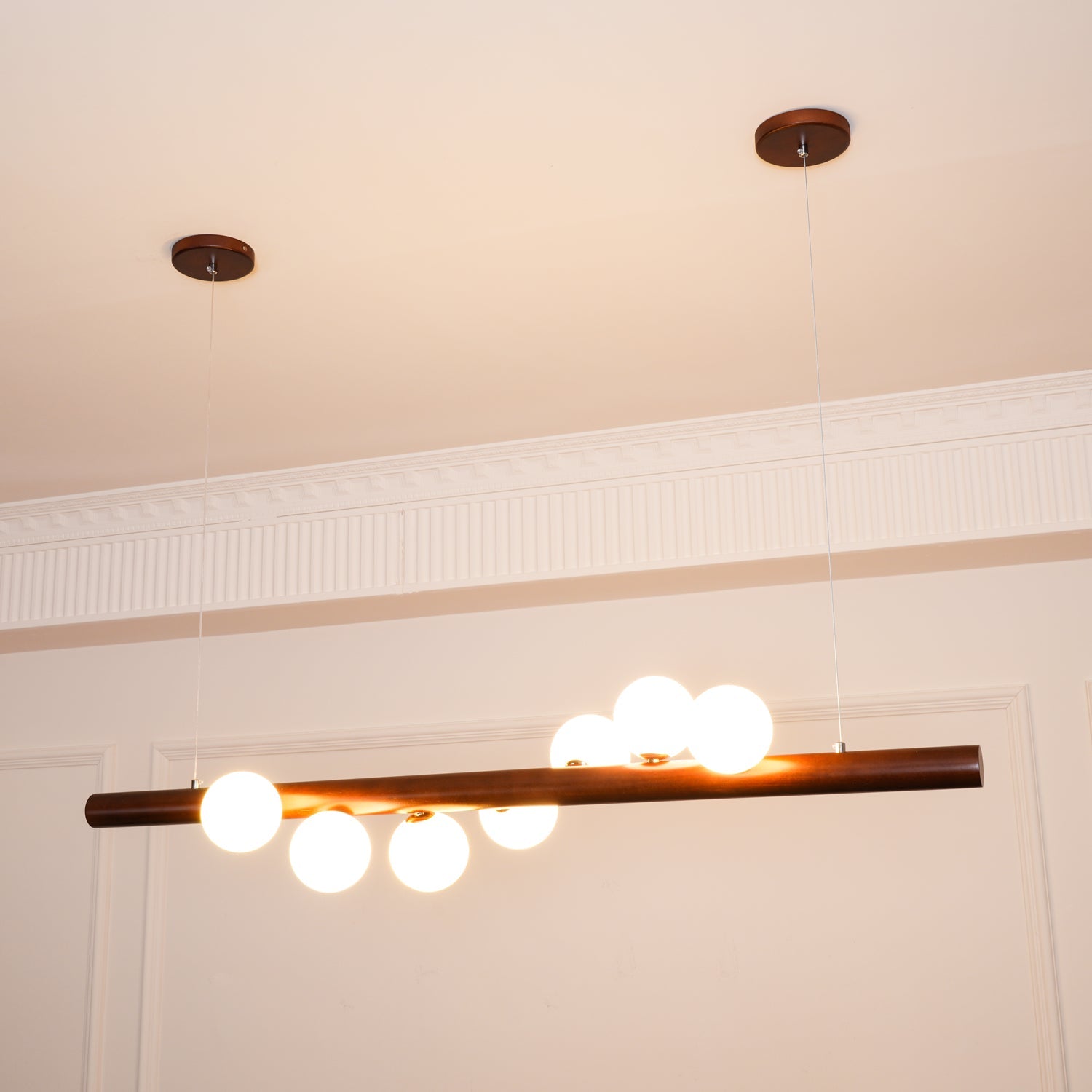 Modern Scandinavian Wood Linear Pendant Light with Glass Globe Shades