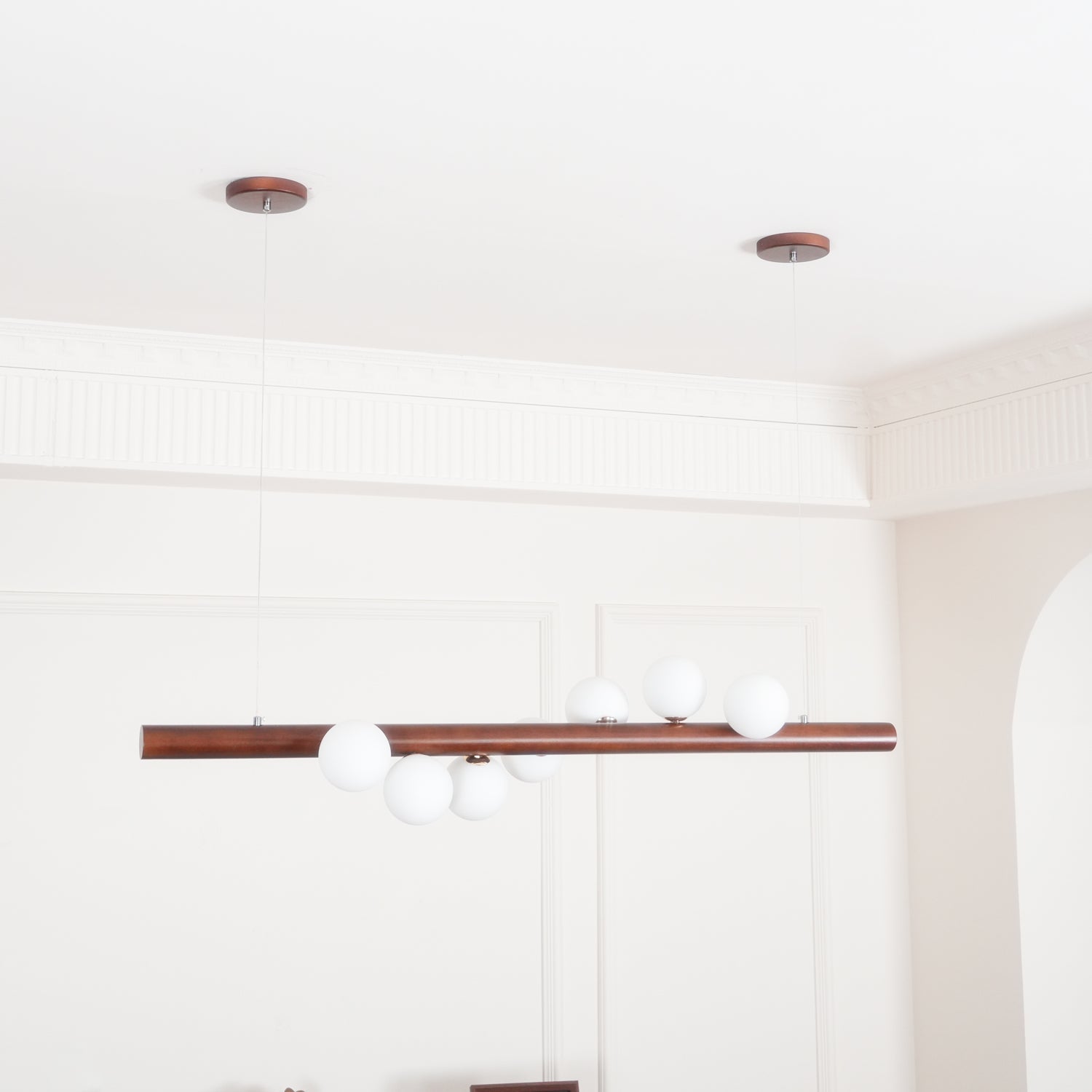 Modern Scandinavian Wood Linear Pendant Light with Glass Globe Shades