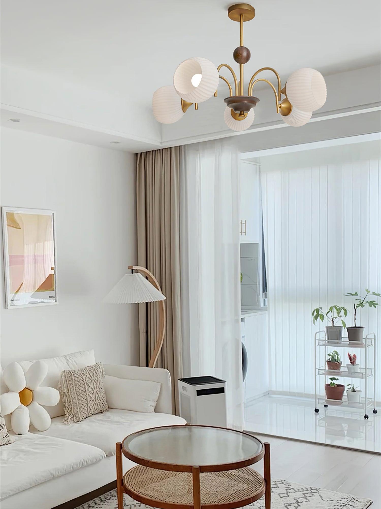 Modern Sculptural Glass Ribbed Chandelier Gold Mid Century Pendant Light for Dining Living Room