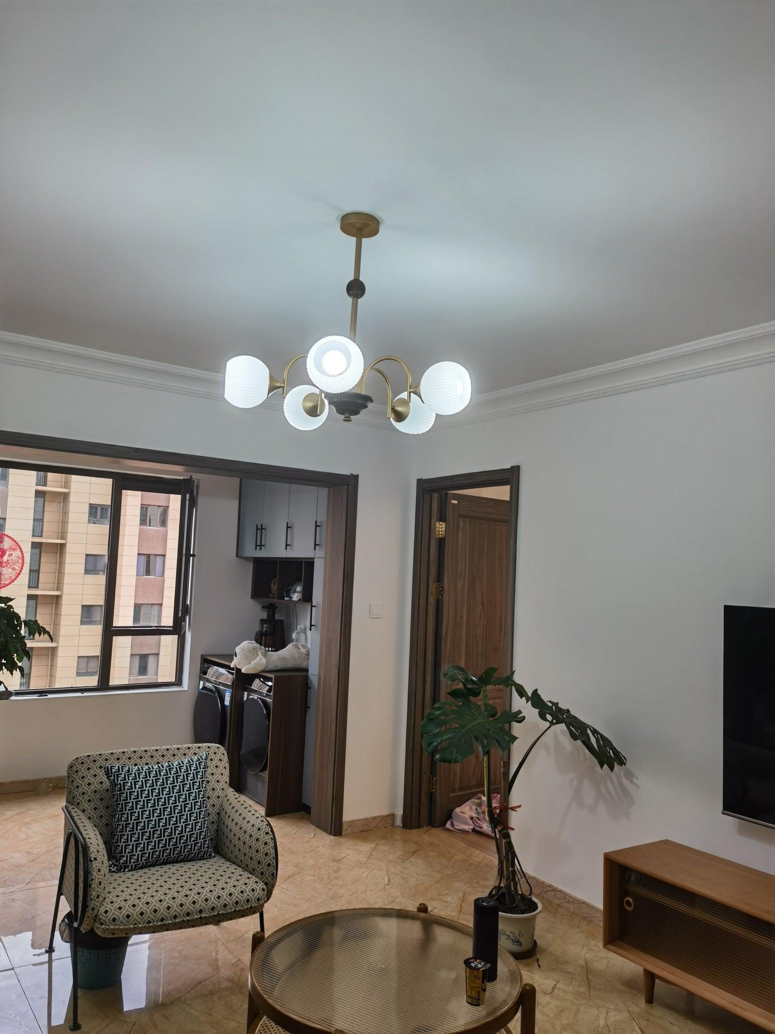 Modern Sculptural Glass Ribbed Chandelier Gold Mid Century Pendant Light for Dining Living Room