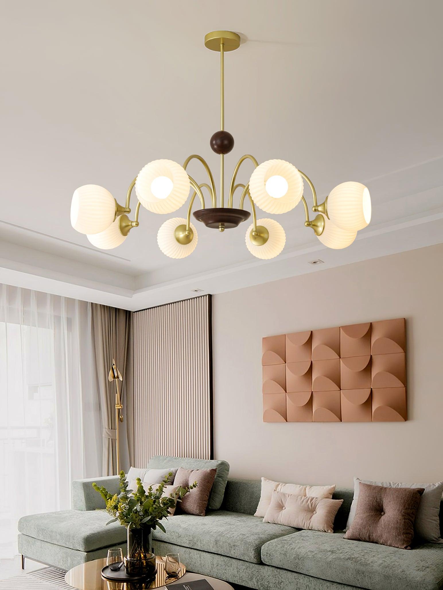 Modern Sculptural Glass Ribbed Chandelier Gold Mid Century Pendant Light for Dining Living Room