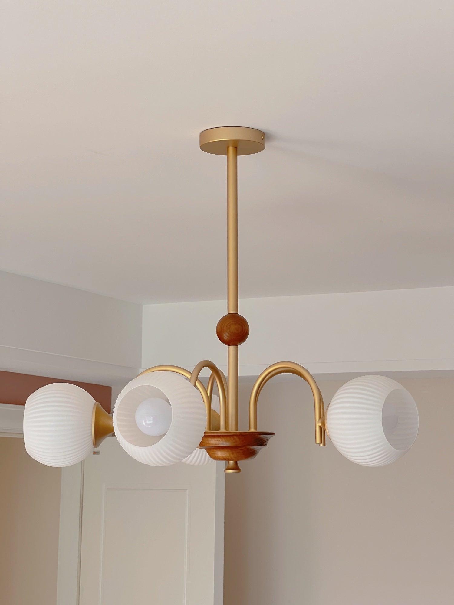 Modern Sculptural Glass Ribbed Chandelier Gold Mid Century Pendant Light for Dining Living Room