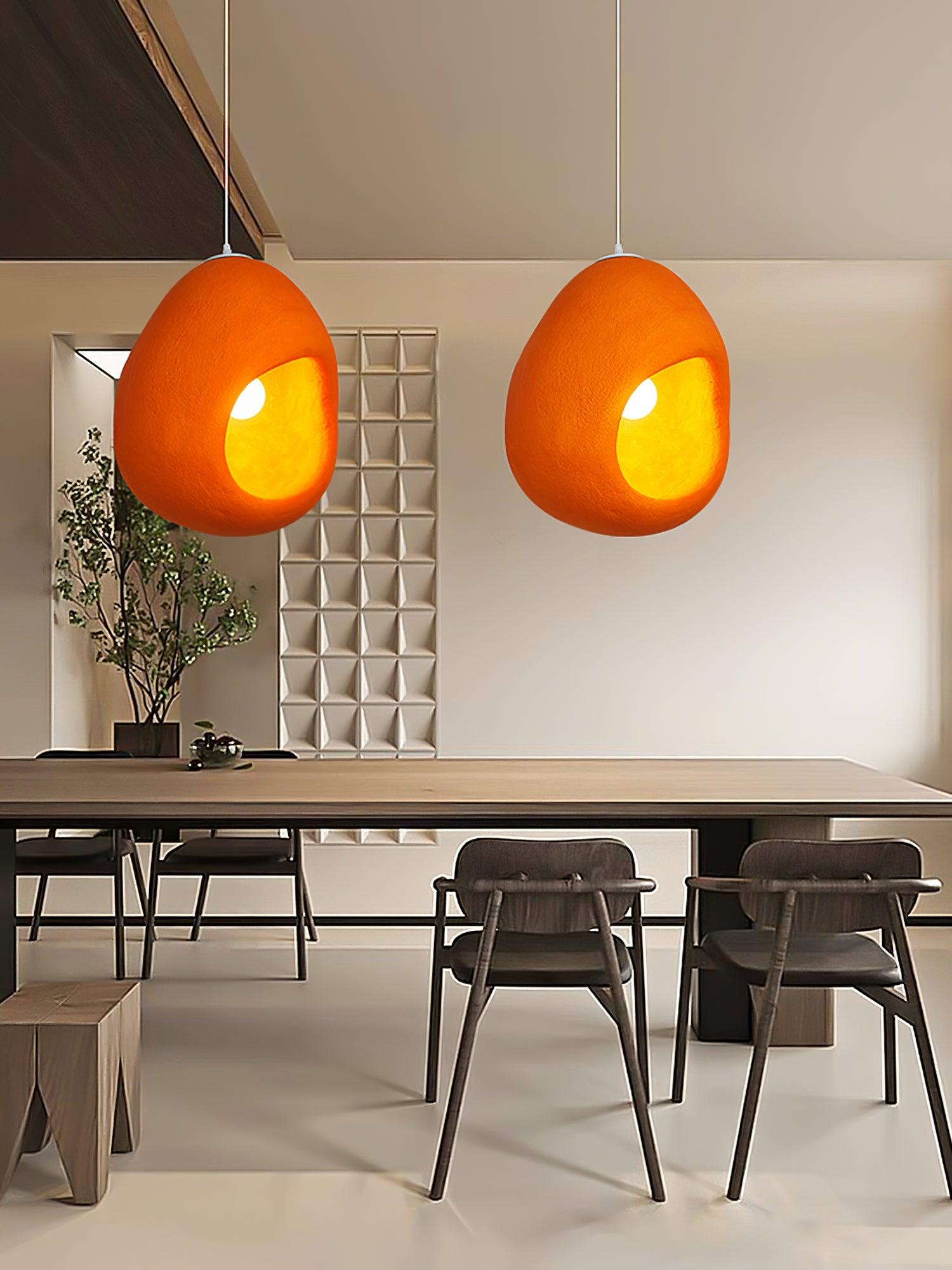 Modern Sculptural Orange Textured Pendant Light Organic Oval Hanging Ceiling Lamp