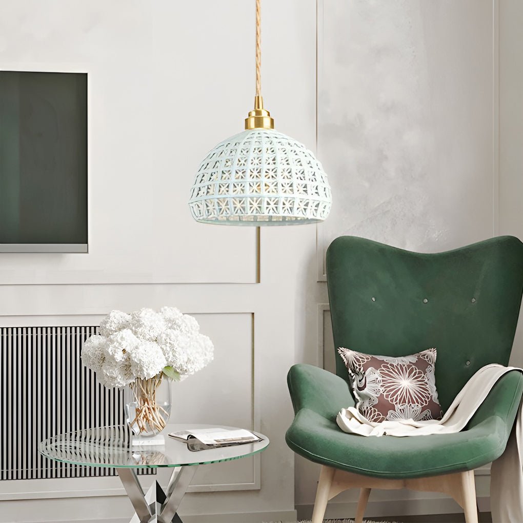 Modern Semi Globe Ceramic Copper Pendant Light with Brass Finish LED Hanging Fixture for Entry and Dining Room