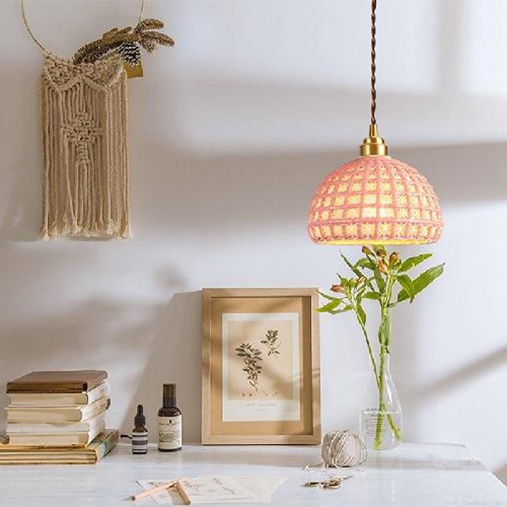 Modern Semi Globe Ceramic Copper Pendant Light with Brass Finish LED Hanging Fixture for Entry and Dining Room