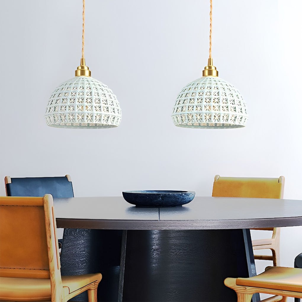 Modern Semi Globe Ceramic Copper Pendant Light with Brass Finish LED Hanging Fixture for Entry and Dining Room