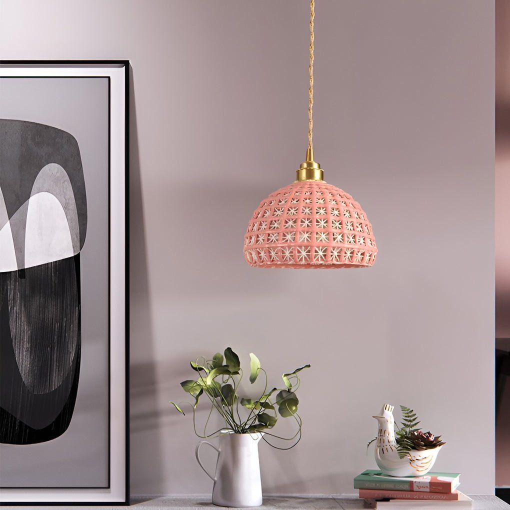Modern Semi Globe Ceramic Copper Pendant Light with Brass Finish LED Hanging Fixture for Entry and Dining Room