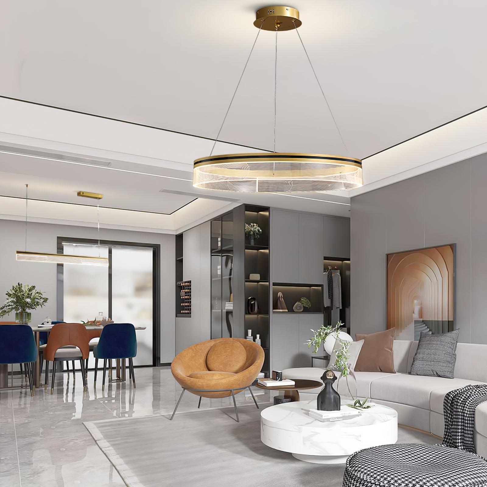 Modern Sendra LED Mesh Chandelier Black and Brass Circular Linear Pendant Light