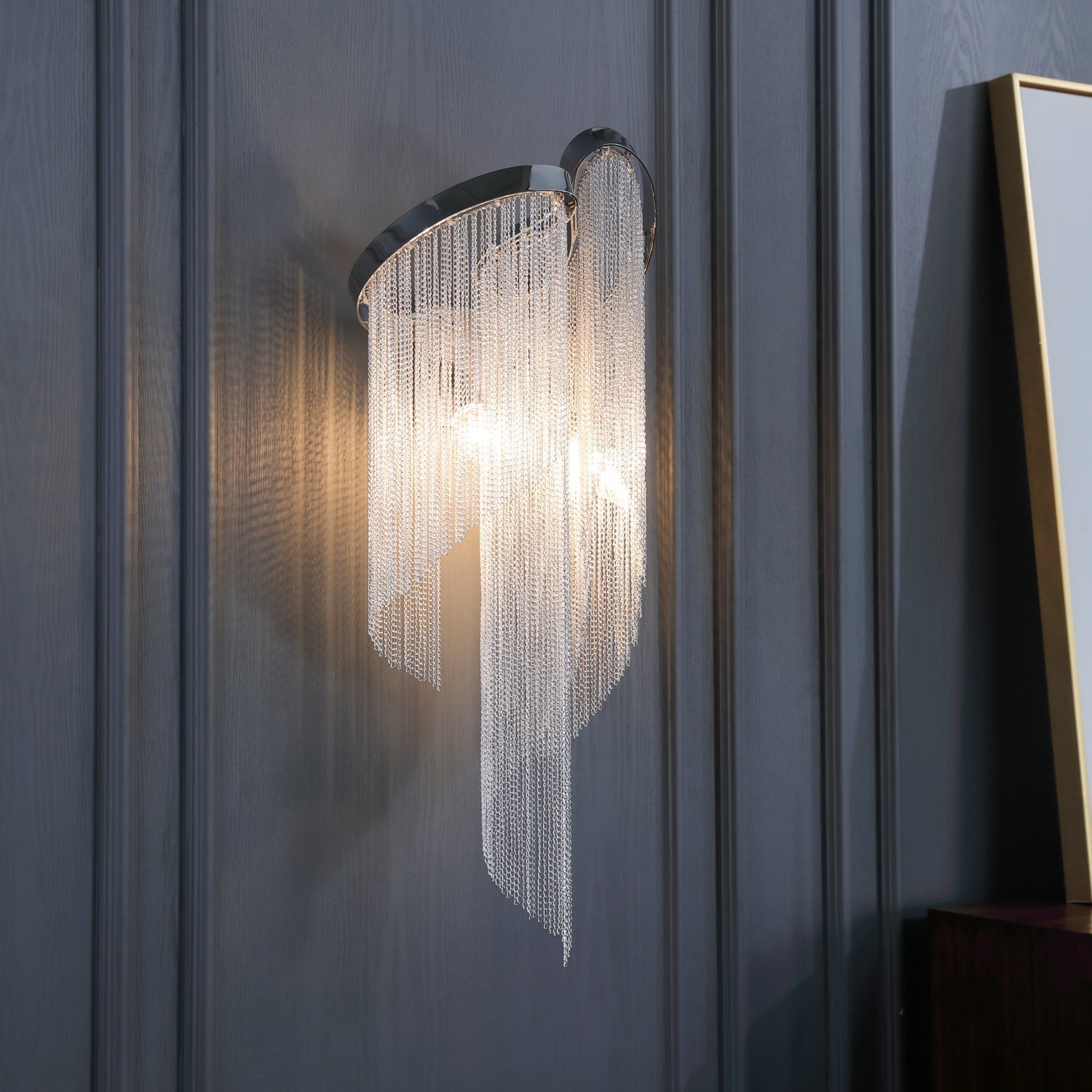 Modern Silver Chain Tassel Wall Sconce Decorative Aluminum Fringe Light for Living Room Bedroom Set of 2