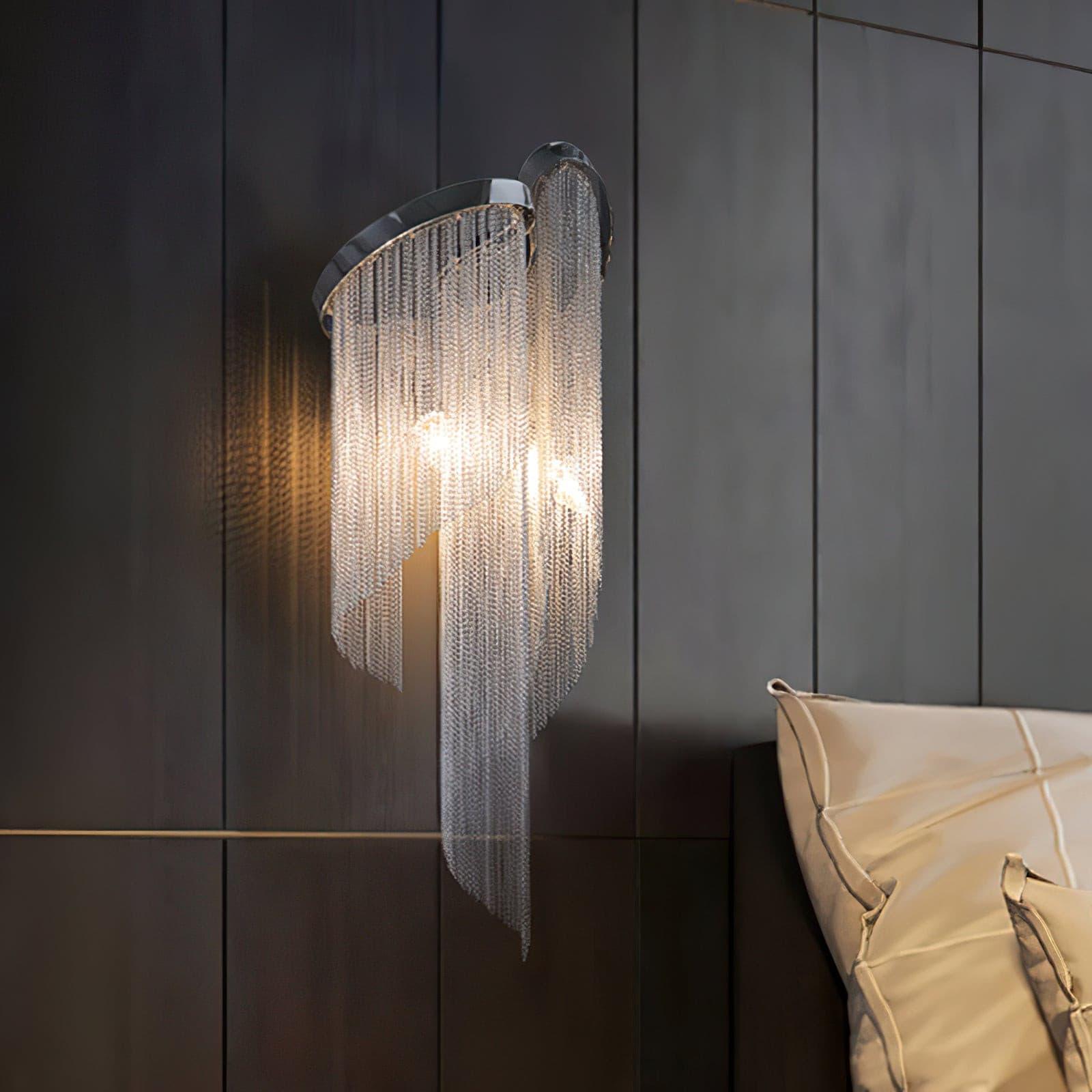 Modern Silver Chain Tassel Wall Sconce Decorative Aluminum Fringe Light for Living Room Bedroom Set of 2