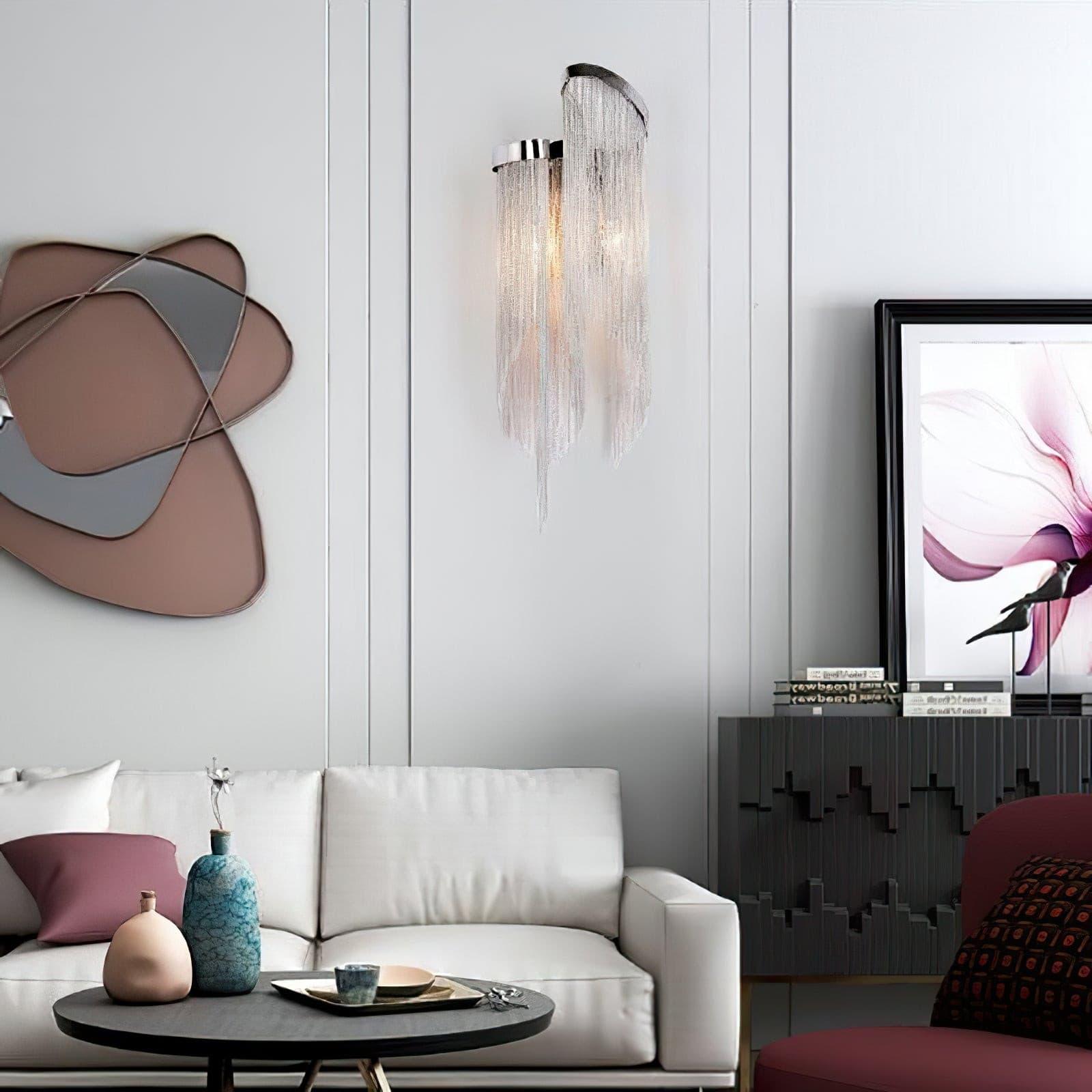 Modern Silver Chain Tassel Wall Sconce Decorative Aluminum Fringe Light for Living Room Bedroom Set of 2