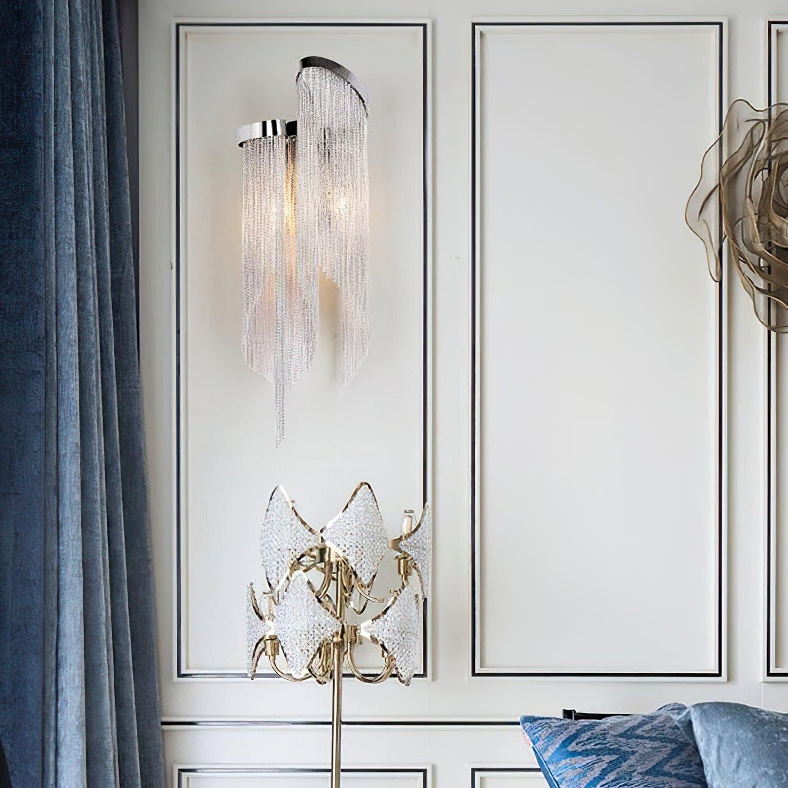 Modern Silver Chain Tassel Wall Sconce Decorative Aluminum Fringe Light for Living Room Bedroom Set of 2
