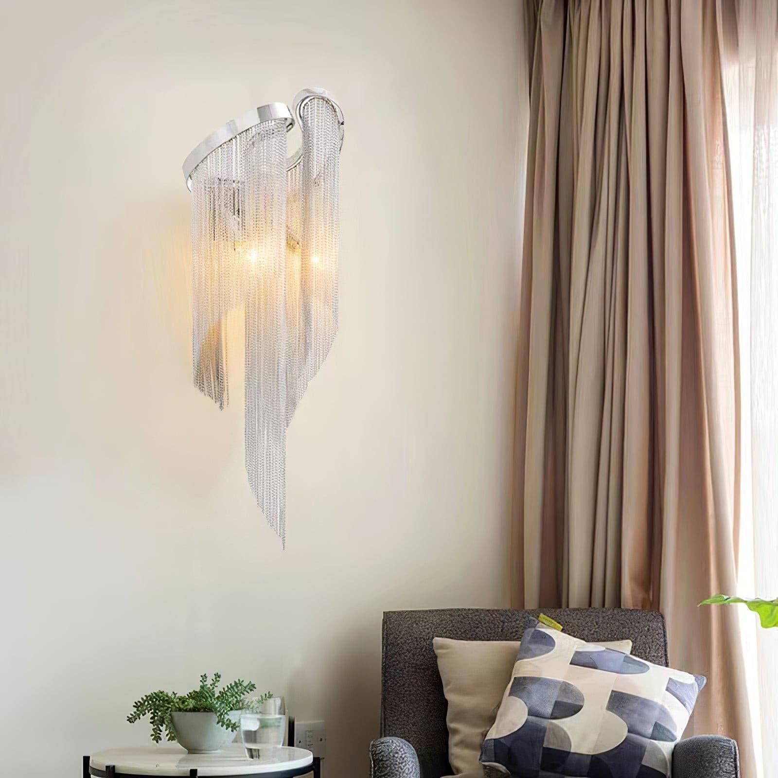 Modern Silver Chain Tassel Wall Sconce Decorative Aluminum Fringe Light for Living Room Bedroom Set of 2