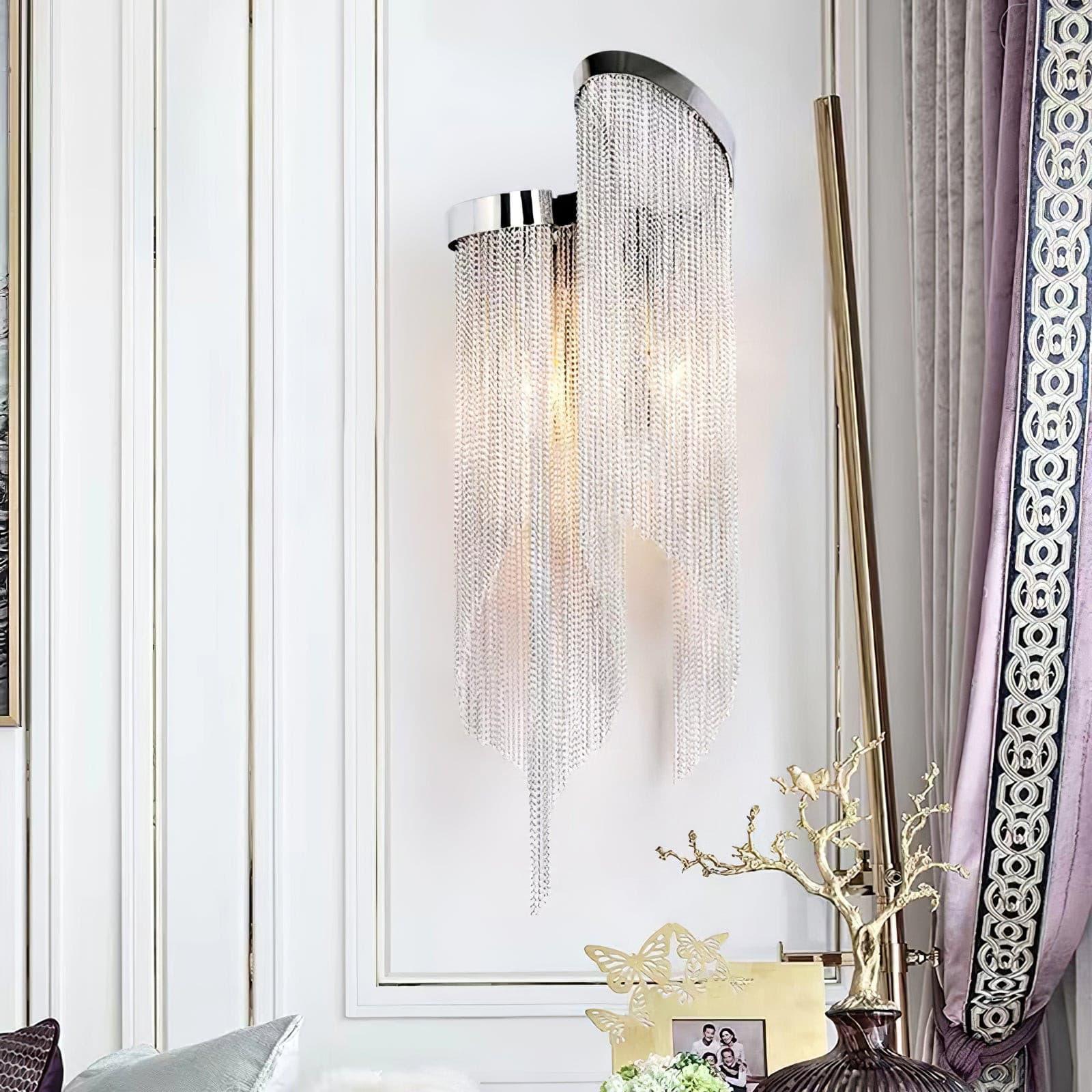 Modern Silver Chain Tassel Wall Sconce Decorative Aluminum Fringe Light for Living Room Bedroom Set of 2