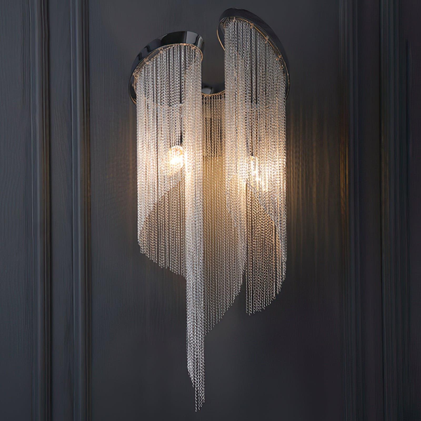 Modern Silver Chain Tassel Wall Sconce Decorative Aluminum Fringe Light for Living Room Bedroom Set of 2