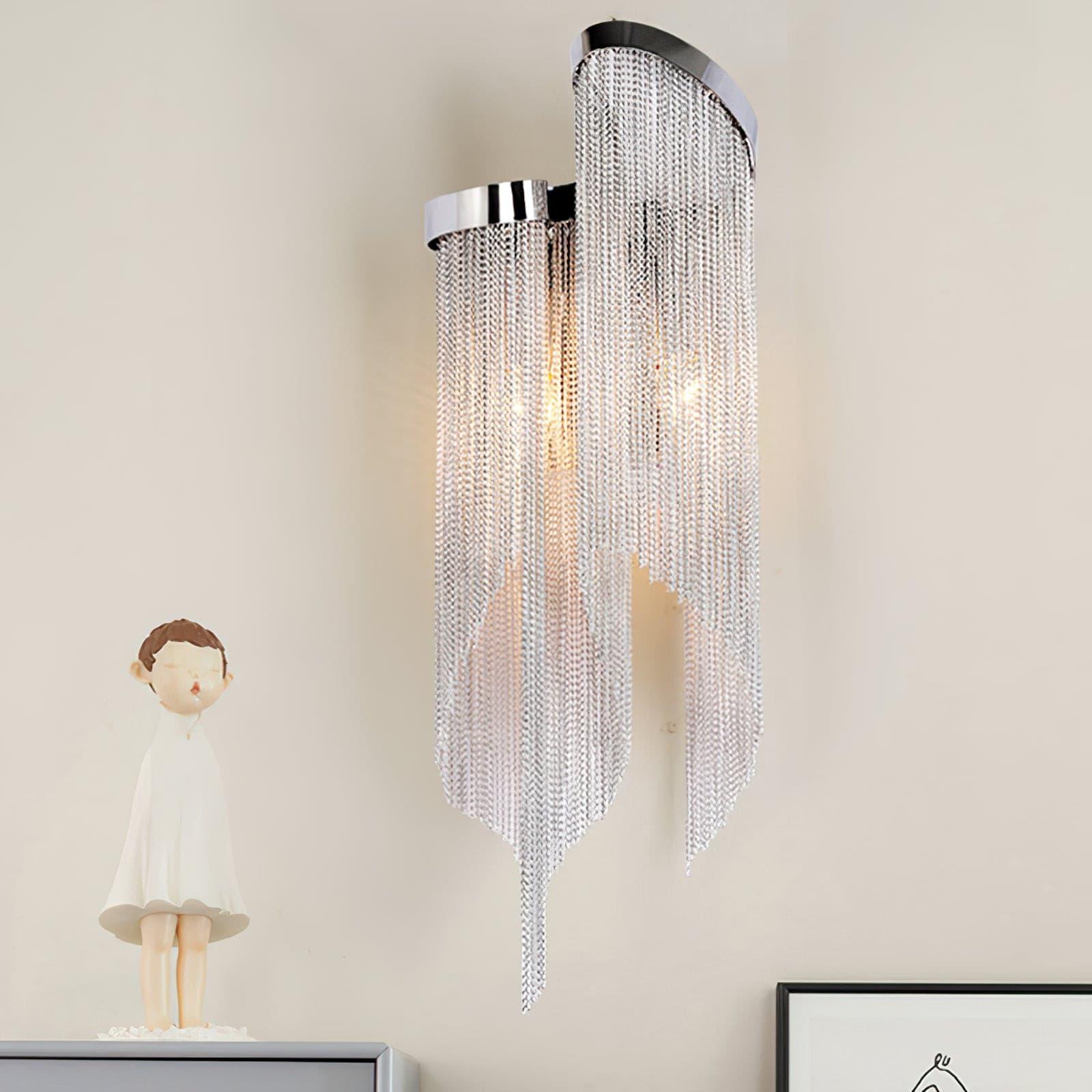 Modern Silver Chain Tassel Wall Sconce Decorative Aluminum Fringe Light for Living Room Bedroom Set of 2