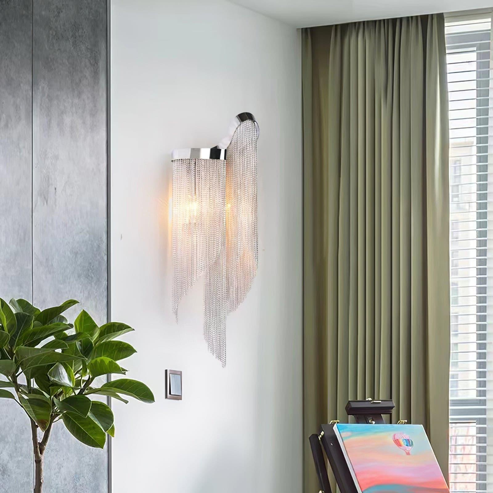 Modern Silver Chain Tassel Wall Sconce Decorative Aluminum Fringe Light for Living Room Bedroom Set of 2
