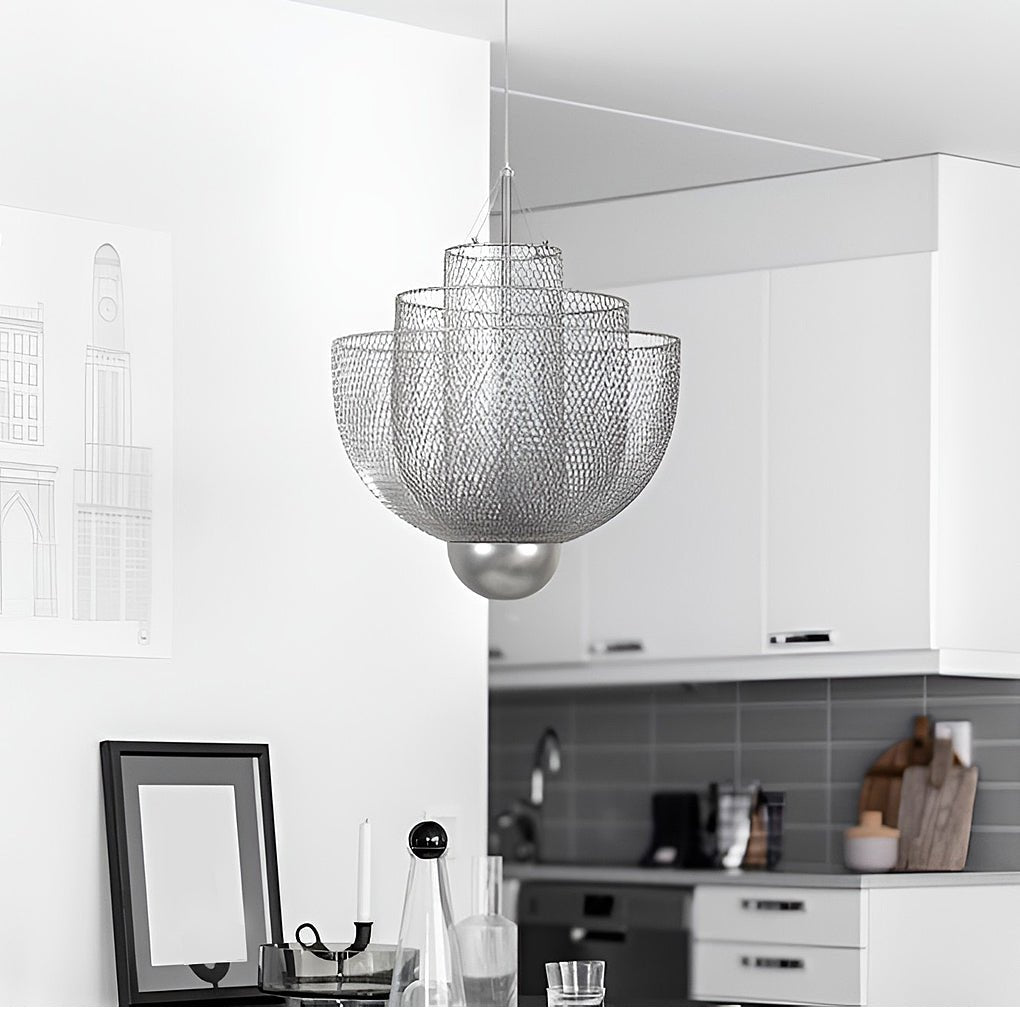 Modern Silver Metal Grid Chandelier Nordic Hanging Lamp for Dining Room and Living Space