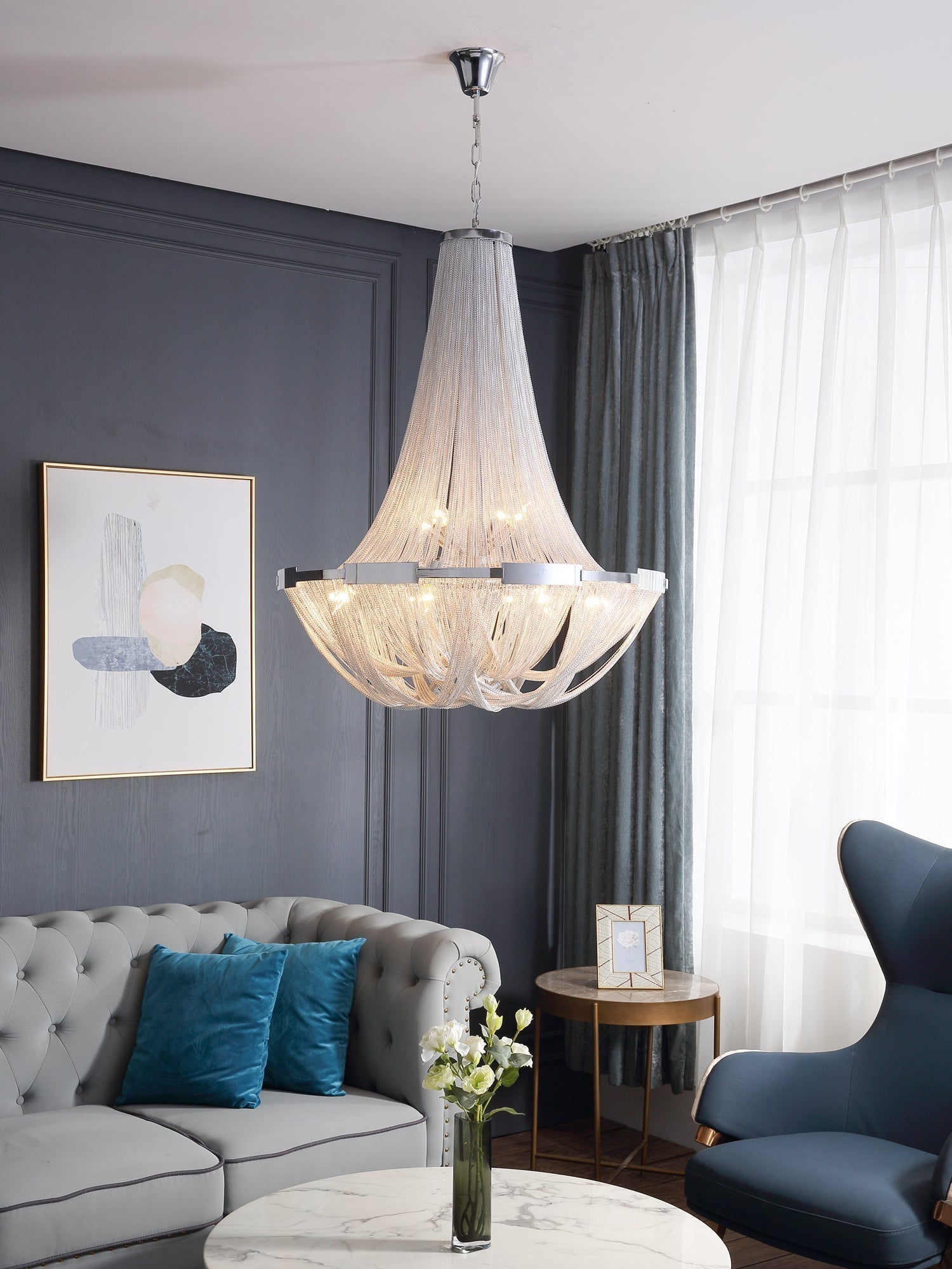Modern Silver Tassel Aluminum Chain Chandelier Luxury Fringe Pendant Ceiling Fixture