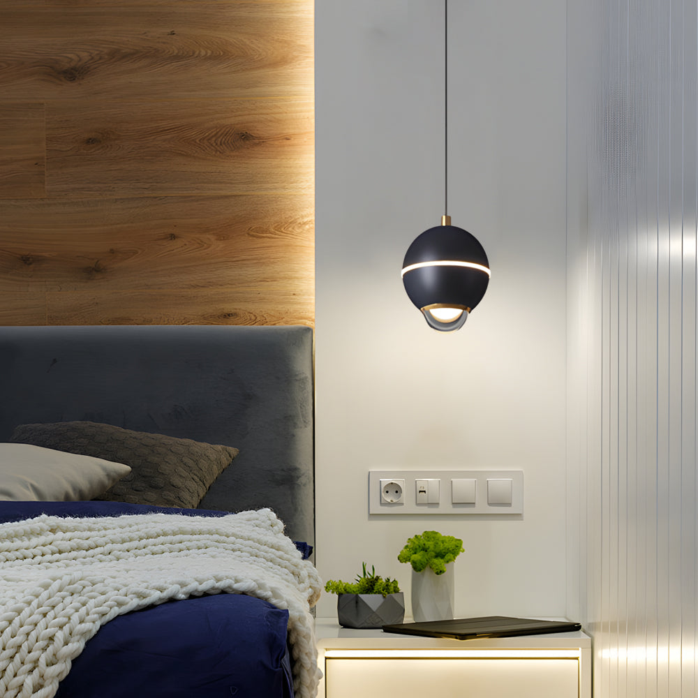 Modern Small Metal Ball LED Pendant Light with 3 Color Dimming and Integrated Spotlight for Bedside Lighting