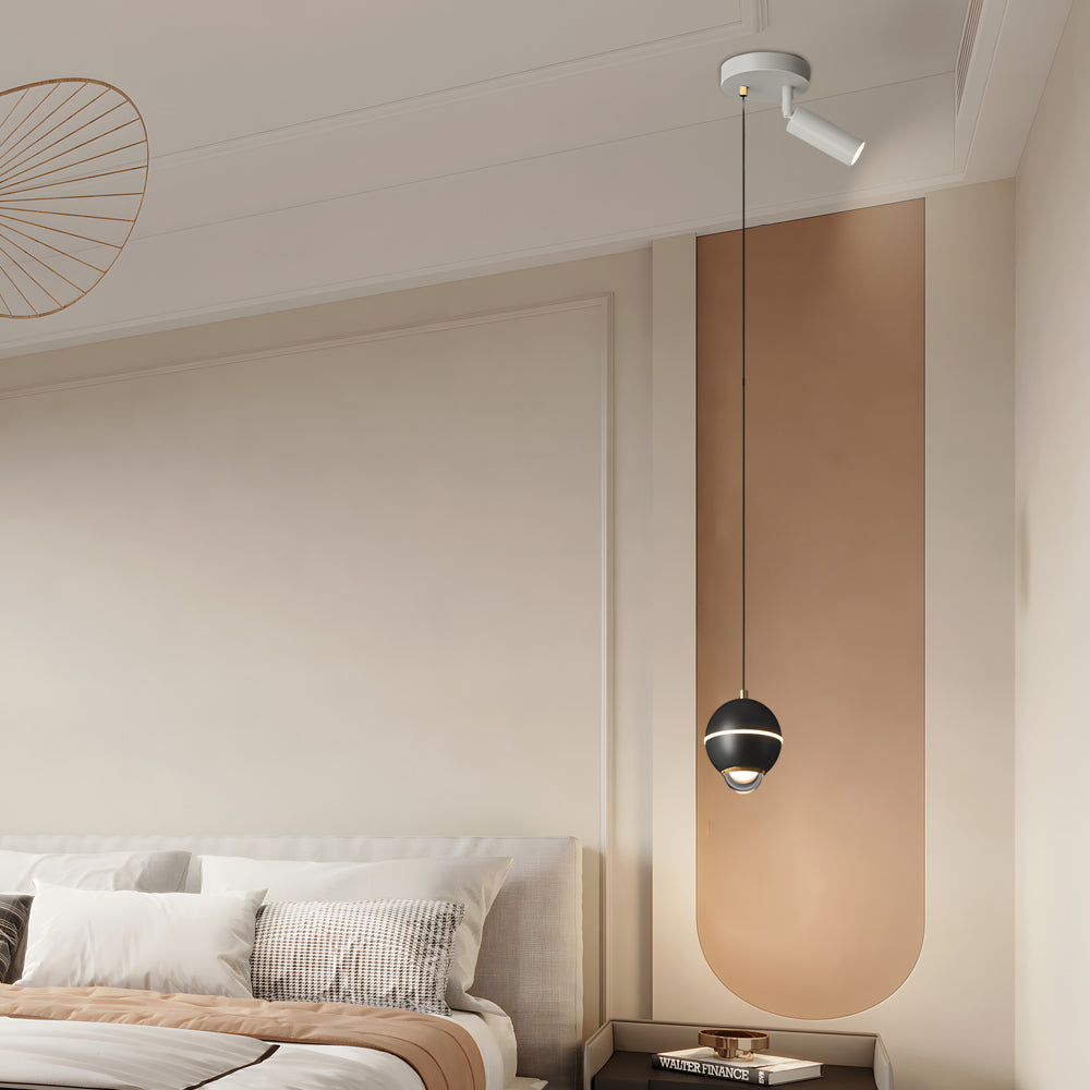 Modern Small Metal Ball LED Pendant Light with 3 Color Dimming and Integrated Spotlight for Bedside Lighting