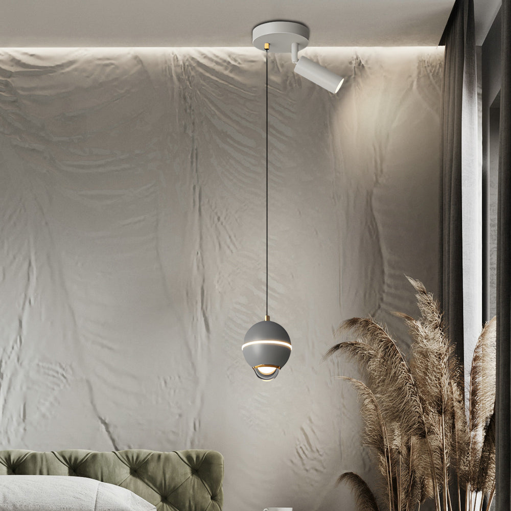 Modern Small Metal Ball LED Pendant Light with 3 Color Dimming and Integrated Spotlight for Bedside Lighting