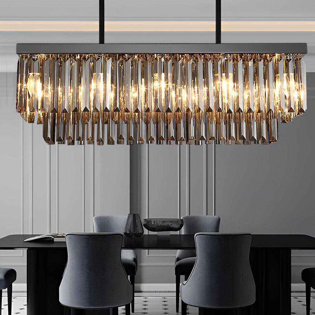 Modern Smoke Gray Crystal Rectangular LED Chandelier Dining Room Pendant Light with 3 Step Dimming