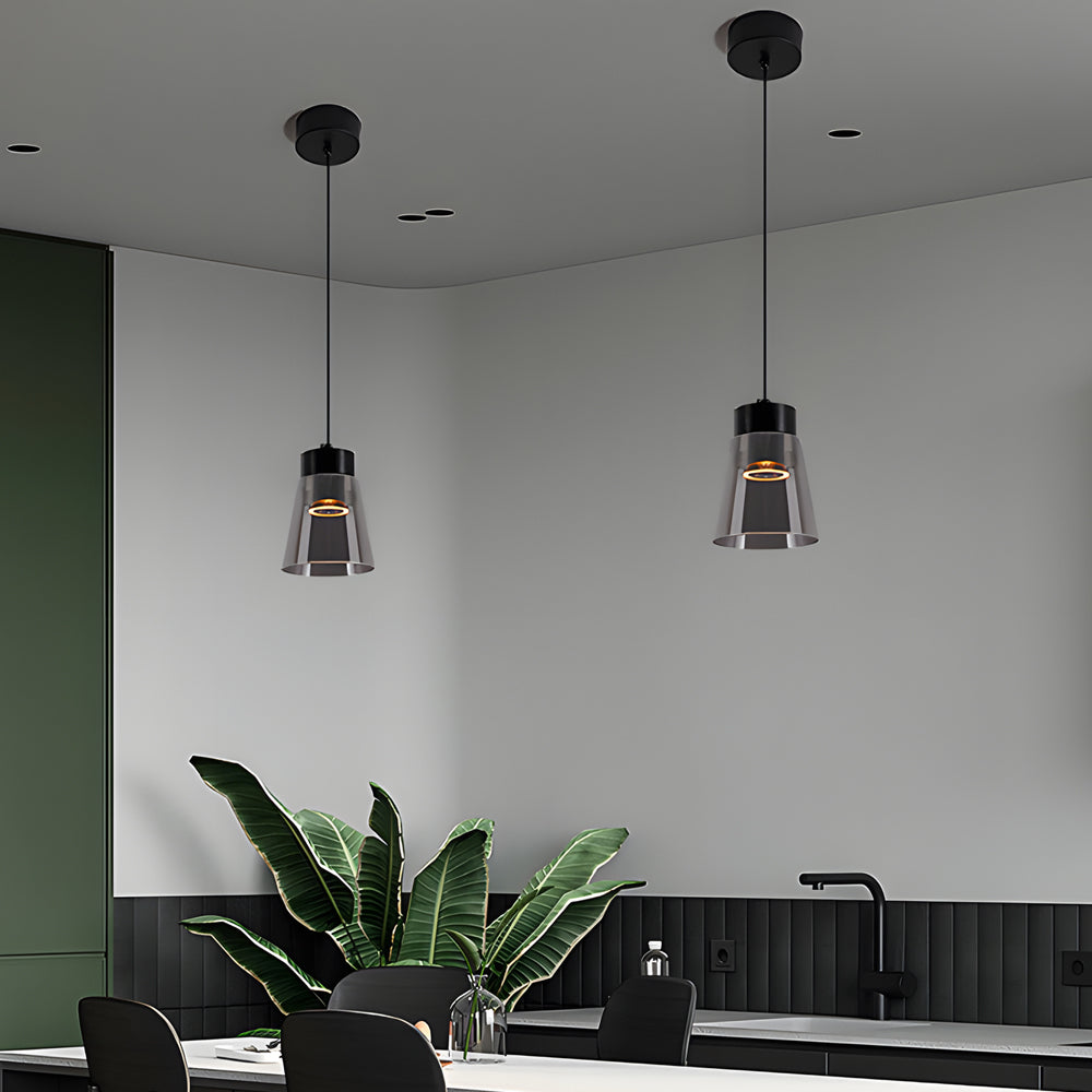 Modern Smoke Gray Glass COB LED Pendant Light Minimalist Hanging Lamp for Bedroom and Dining Room
