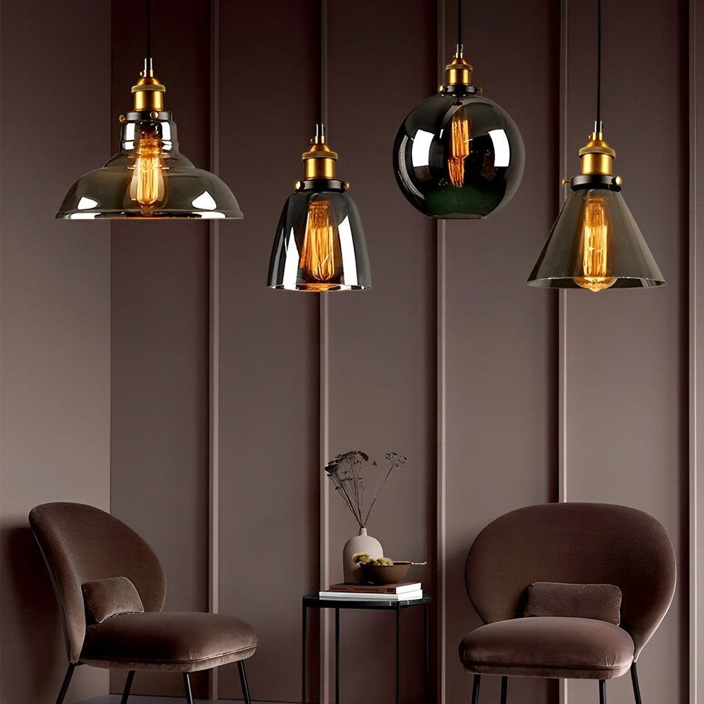 Modern Smoke Gray Glass Industrial Pendant Light Electroplated Hanging Ceiling Fixture for Dining Room