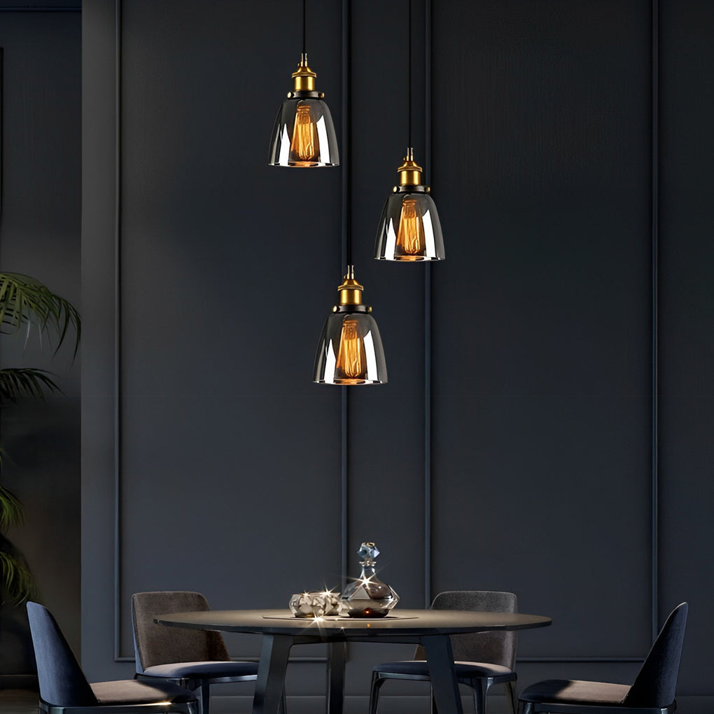 Modern Smoke Gray Glass Industrial Pendant Light Electroplated Hanging Ceiling Fixture for Dining Room