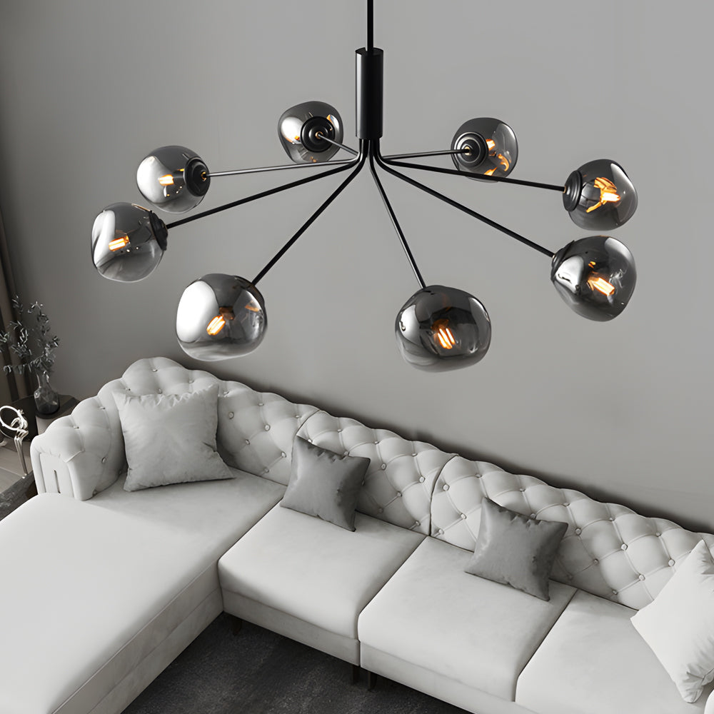 Modern Smoke Gray Glass Molecule Chandelier with Matte Black Metal Arms for Dining Room