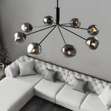 Modern Smoke Gray Glass Molecule Chandelier with Matte Black Metal Arms for Dining Room