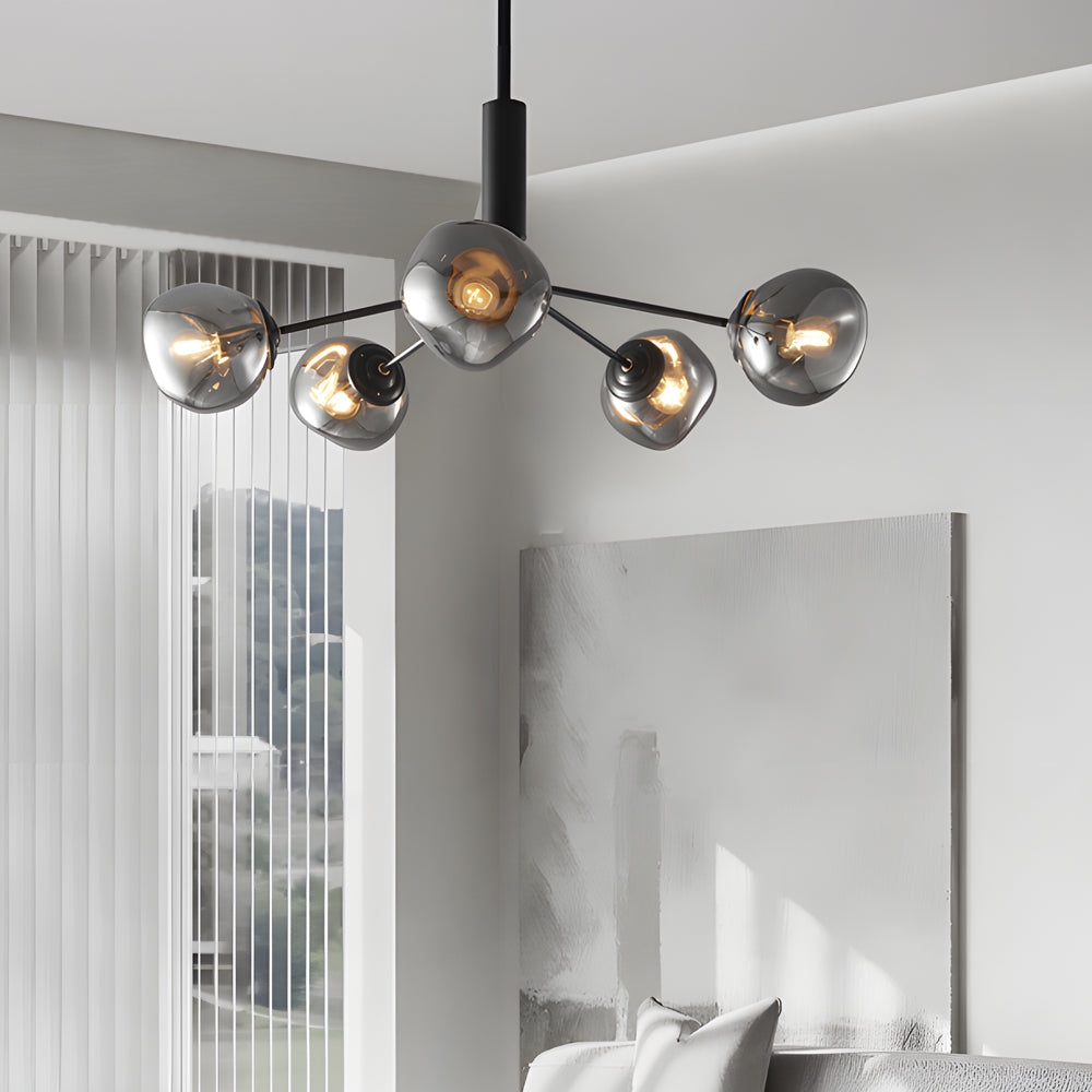 Modern Smoke Gray Glass Molecule Chandelier with Matte Black Metal Arms for Dining Room