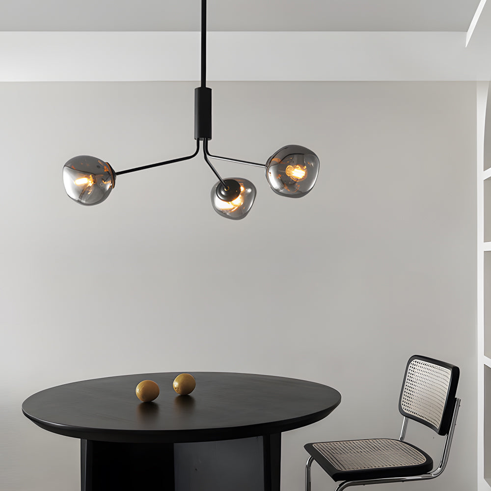 Modern Smoke Gray Glass Molecule Chandelier with Matte Black Metal Arms for Dining Room
