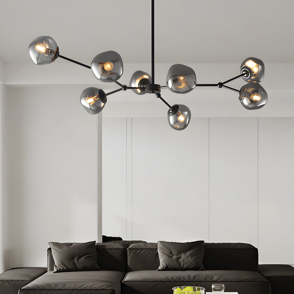 Modern Smoke Gray Glass Molecule Chandelier with Matte Black Metal Arms for Dining Room
